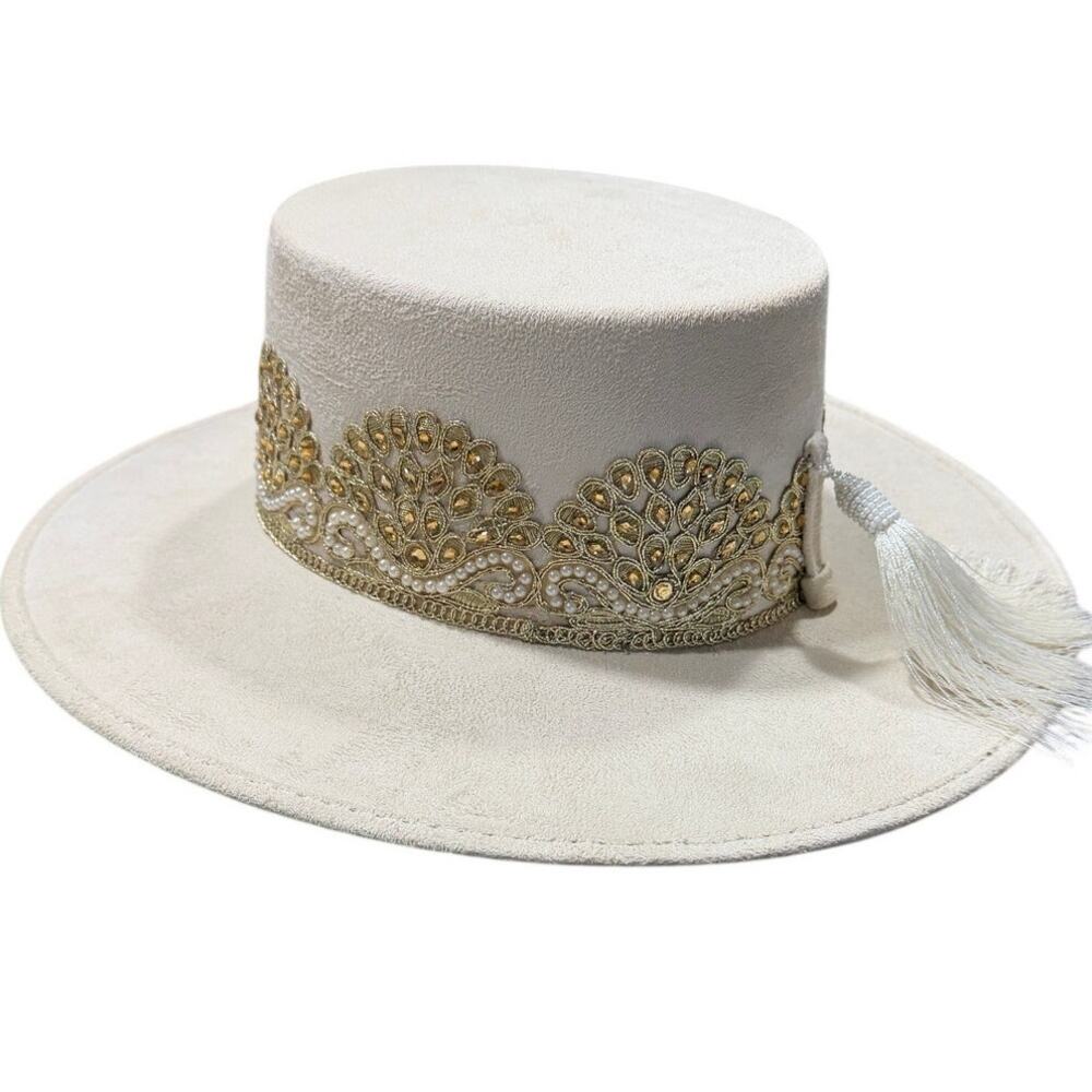 Hats N' Roses "I DO" Ivory/Gold Boater